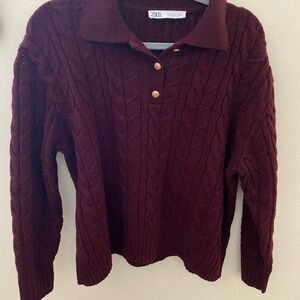 Zara Women's Deep Burgundy V-Neck Sweater